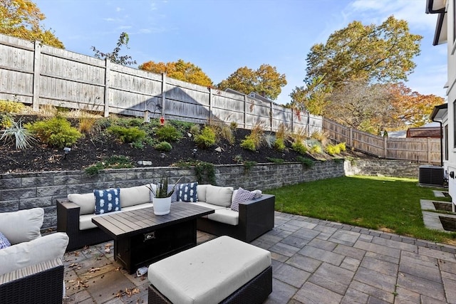 view of patio featuring central air condition unit and an outdoor living space