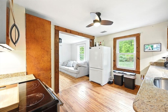24 Barnett Rd, Sutton, MA 01590 - kitchen featuring freestanding refrigerator, black / electric stove, light wood-style flooring, and plenty of natural light