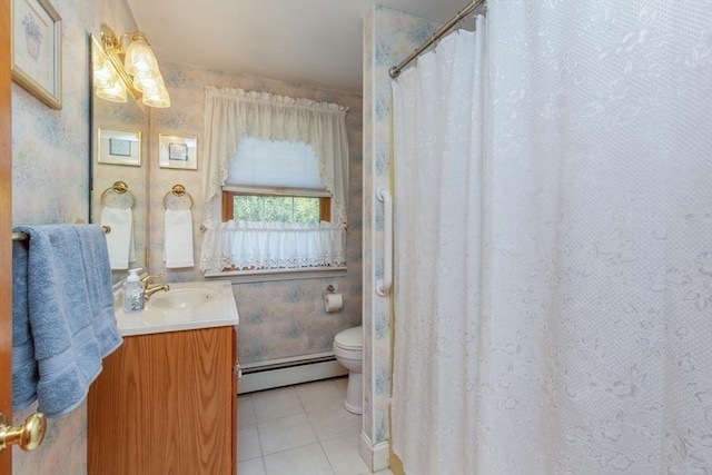 full bath with a baseboard radiator, tile patterned flooring, toilet, vanity, and a shower with shower curtain