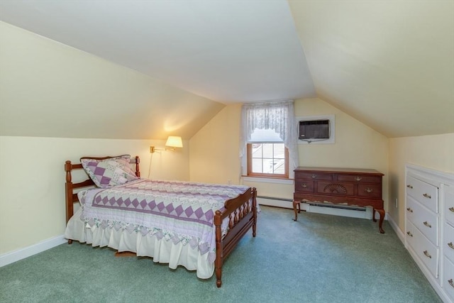 bedroom with vaulted ceiling, carpet floors, a wall unit AC, and baseboard heating