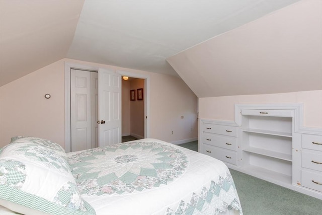 bedroom featuring vaulted ceiling, carpet flooring, and a closet