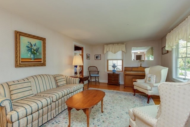 living area featuring wood finished floors and baseboards