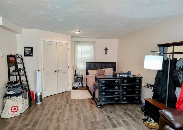 bedroom with wood finished floors and a closet