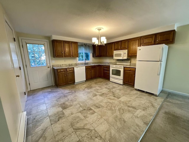 kitchen with sink, hanging light fixtures, baseboard heating, a notable chandelier, and white appliances