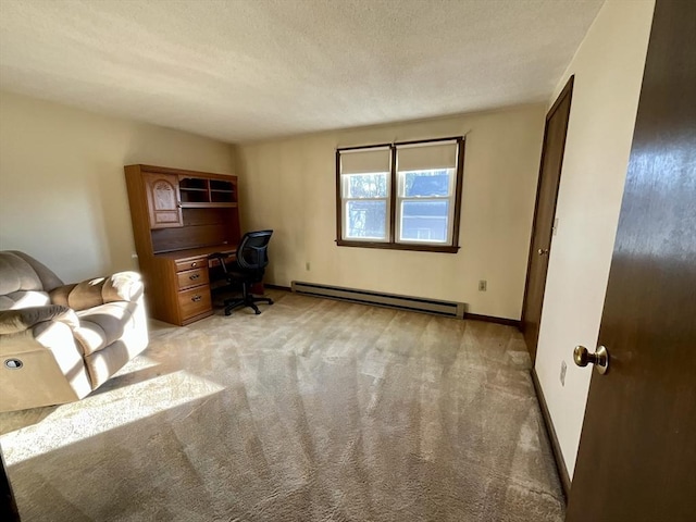 carpeted home office featuring a baseboard radiator and a textured ceiling