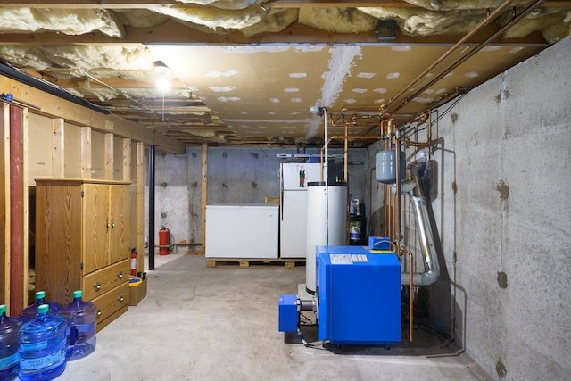 10 Manoogian Cir, Milford, MA 01757 - unfinished basement featuring a heating unit, refrigerator, freestanding refrigerator, and gas water heater