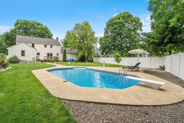10 Manoogian Cir, Milford, MA 01757 - view of pool with a fenced backyard, a wooden deck, a patio, and a diving board