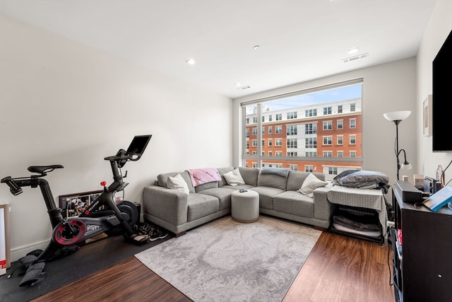 living room featuring dark wood-type flooring