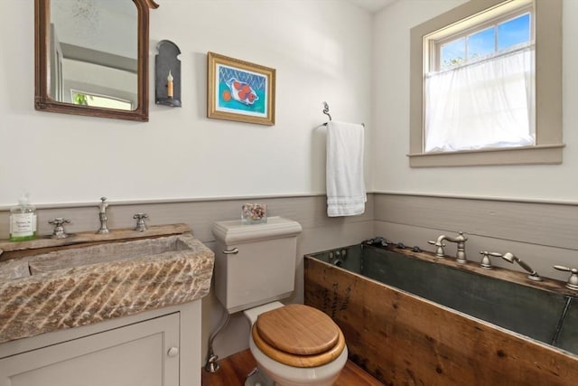 full bathroom with toilet, wood finished floors, a bathtub, vanity, and wainscoting