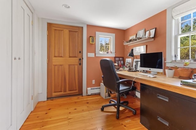 office area featuring light wood-style floors, a baseboard radiator, and baseboard heating