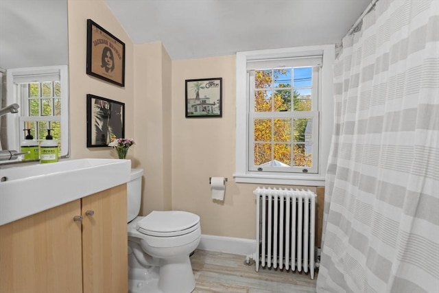 full bath featuring radiator, baseboards, toilet, healthy amount of natural light, and lofted ceiling