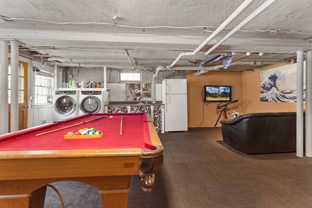 game room with washer and clothes dryer, healthy amount of natural light, carpet, and billiards
