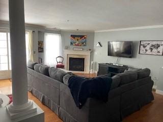 19 Broad St Unit 105, Merrimac, MA 01860 - living area with ornate columns, wood finished floors, a fireplace, ornamental molding, and baseboards