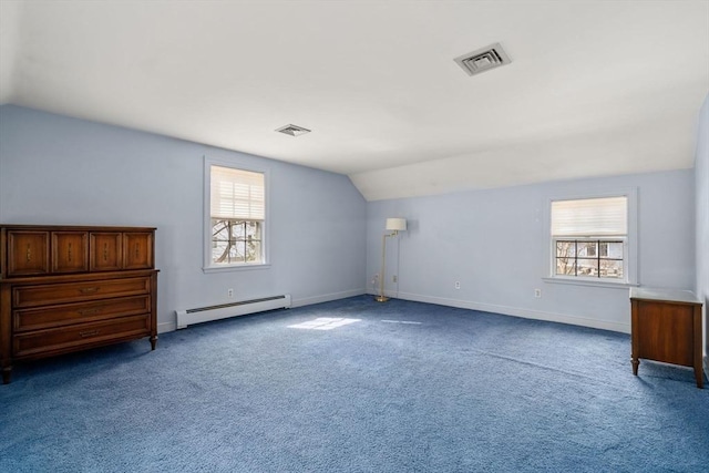 bonus room featuring vaulted ceiling, carpet floors, baseboard heating, and visible vents