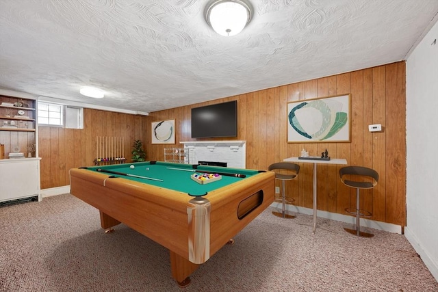 recreation room featuring wooden walls, billiards, and carpet