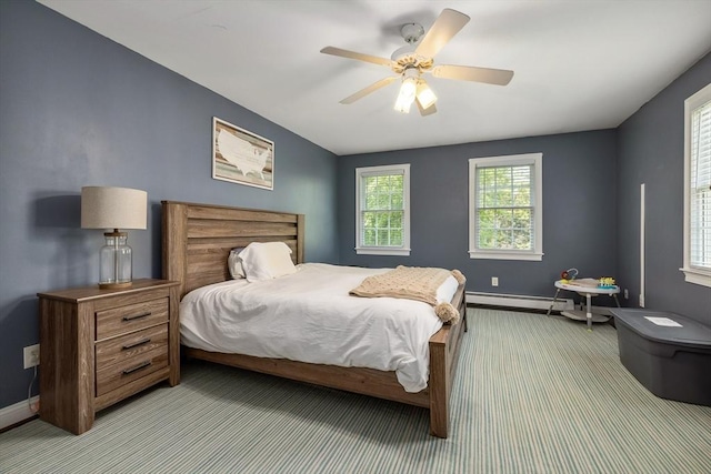67 Madison St, Amesbury, MA 01913 - bedroom featuring a baseboard radiator, a ceiling fan, and light carpet