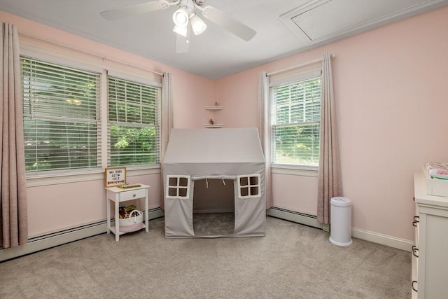 67 Madison St, Amesbury, MA 01913 - bedroom with a baseboard heating unit, attic access, light colored carpet, and ceiling fan