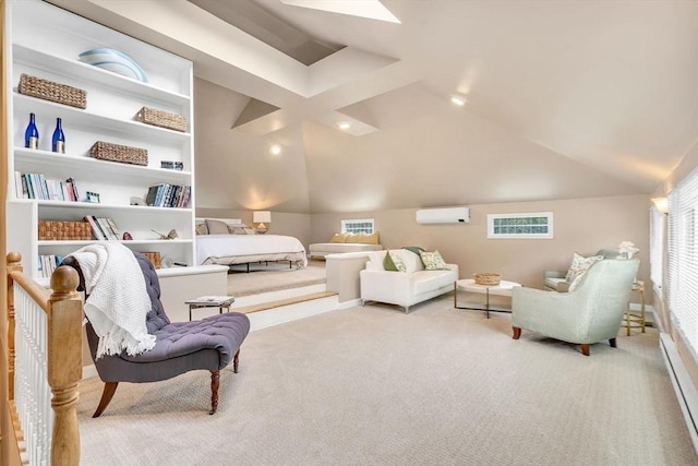 bedroom with baseboard heating, a wall mounted AC, and light carpet