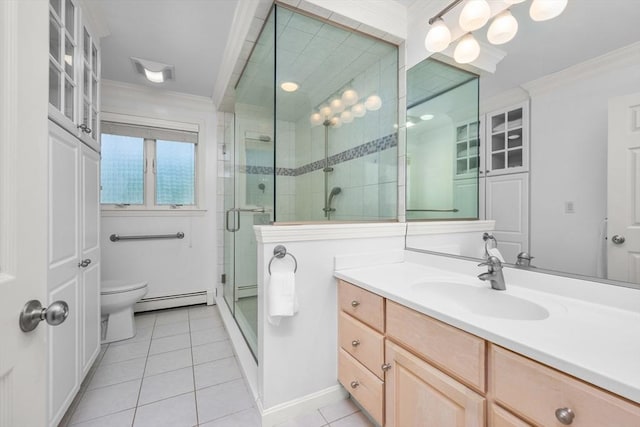 full bath with crown molding, tile patterned flooring, baseboard heating, a shower stall, and toilet