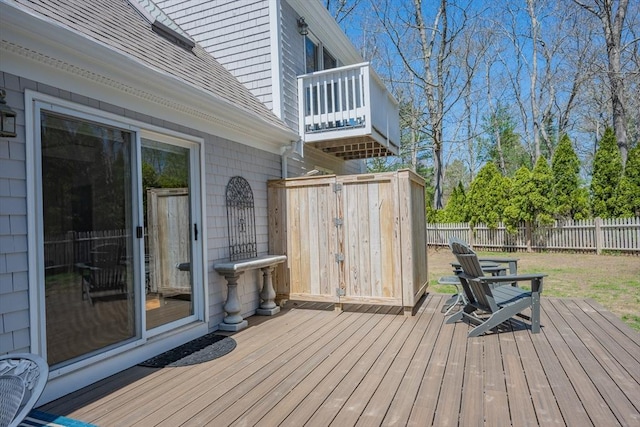 wooden deck with a fenced backyard