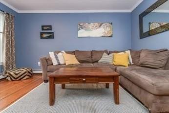 living area with crown molding, a wealth of natural light, and wood finished floors