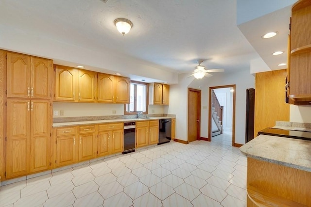 kitchen featuring black dishwasher, ceiling fan, recessed lighting, baseboards, and a sink