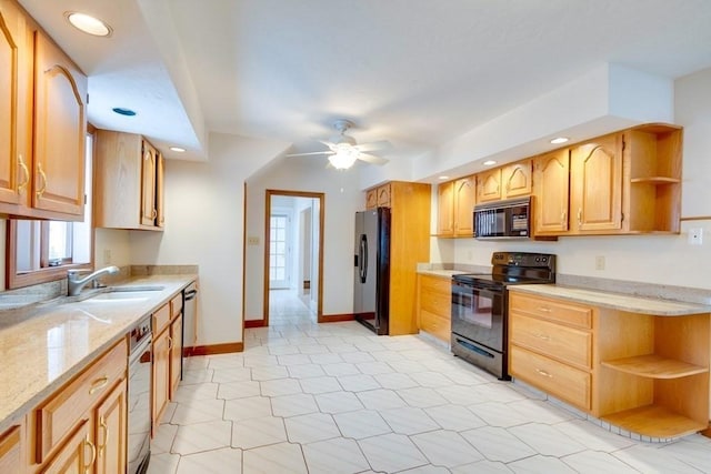 kitchen with black appliances, open shelves, a ceiling fan, light stone counters, and recessed lighting