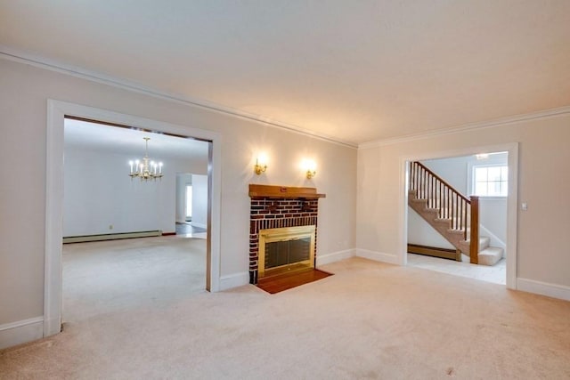 unfurnished living room with a baseboard heating unit, stairway, ornamental molding, a chandelier, and carpet