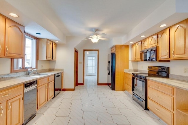kitchen with black appliances, ceiling fan, light brown cabinets, recessed lighting, and a sink