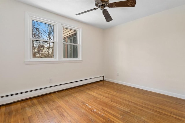 unfurnished room with light hardwood / wood-style floors, ceiling fan, and baseboard heating