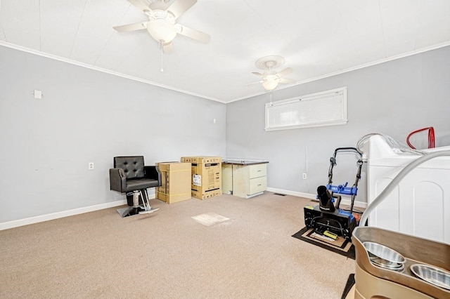 interior space with ceiling fan, ornamental molding, and carpet floors