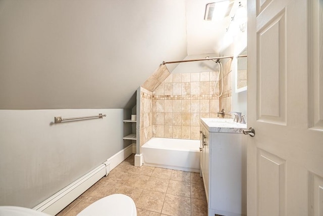 full bathroom with baseboard heating, toilet, vanity, and lofted ceiling