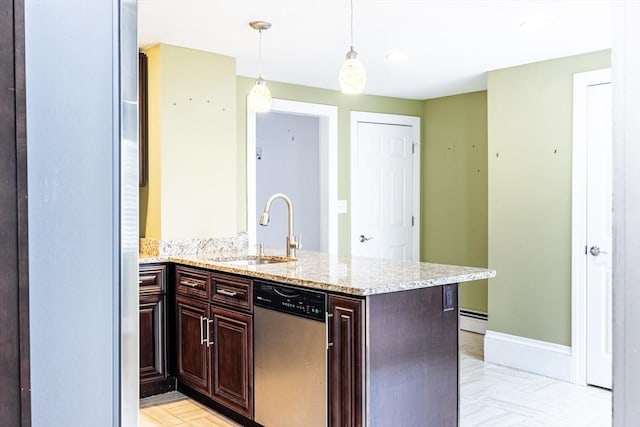 kitchen featuring sink, hanging light fixtures, stainless steel dishwasher, and kitchen peninsula