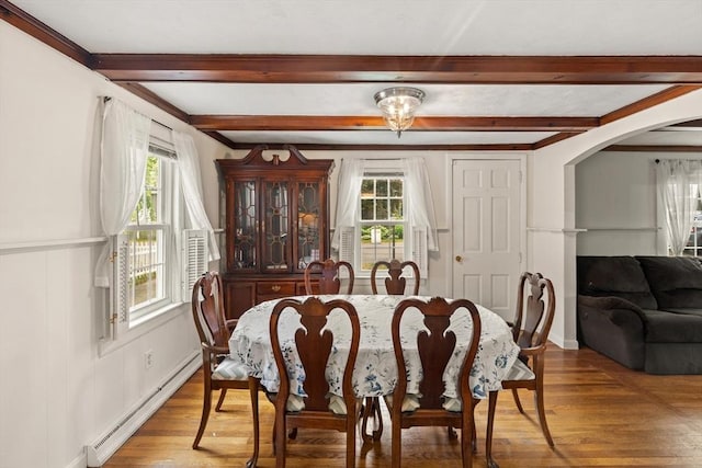 15 Dale St, Methuen, MA 01844 - dining room with baseboard heating, arched walkways, plenty of natural light, beam ceiling, and wood finished floors