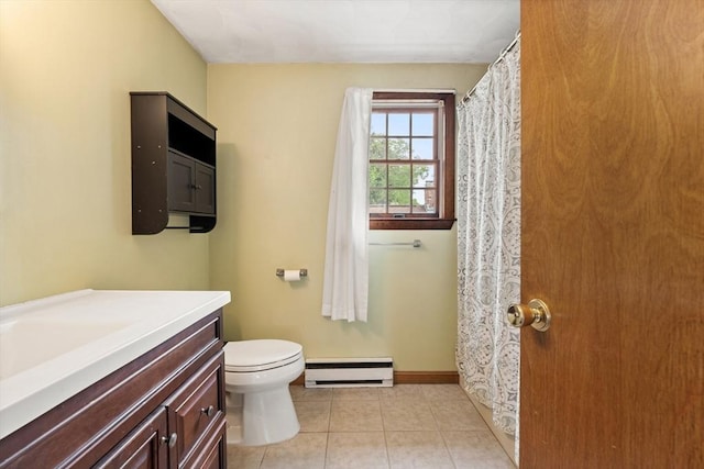 15 Dale St, Methuen, MA 01844 - full bathroom with a baseboard heating unit, toilet, vanity, tile patterned flooring, and a shower with shower curtain