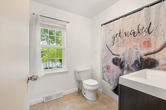 15 Dale St, Methuen, MA 01844 - bathroom featuring toilet, vanity, baseboards, shower / bath combo with shower curtain, and tile patterned floors