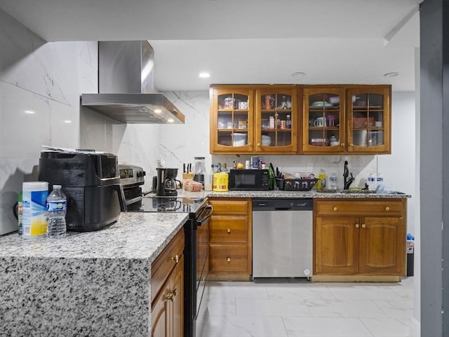 22 2nd Ave, Leominster, MA 01453 - kitchen featuring dishwasher, wall chimney exhaust hood, range with electric cooktop, light marble finish flooring, and brown cabinets