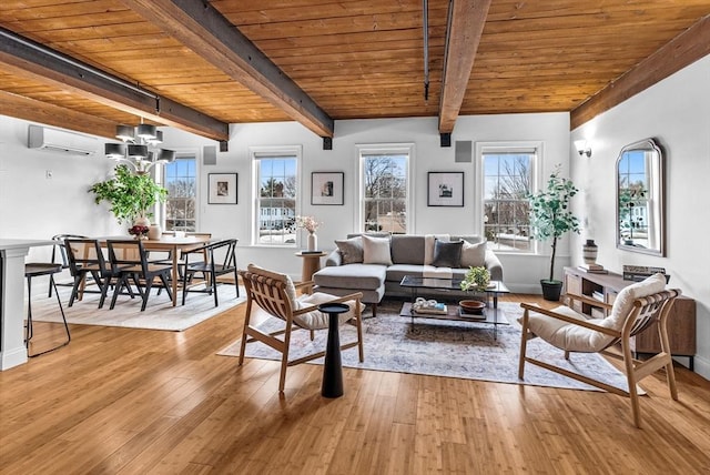 interior space featuring a wall mounted AC, wooden ceiling, hardwood / wood-style flooring, and a healthy amount of sunlight