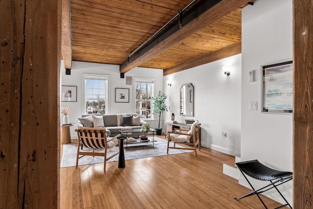 living area featuring hardwood / wood-style flooring, wood ceiling, baseboards, and beamed ceiling