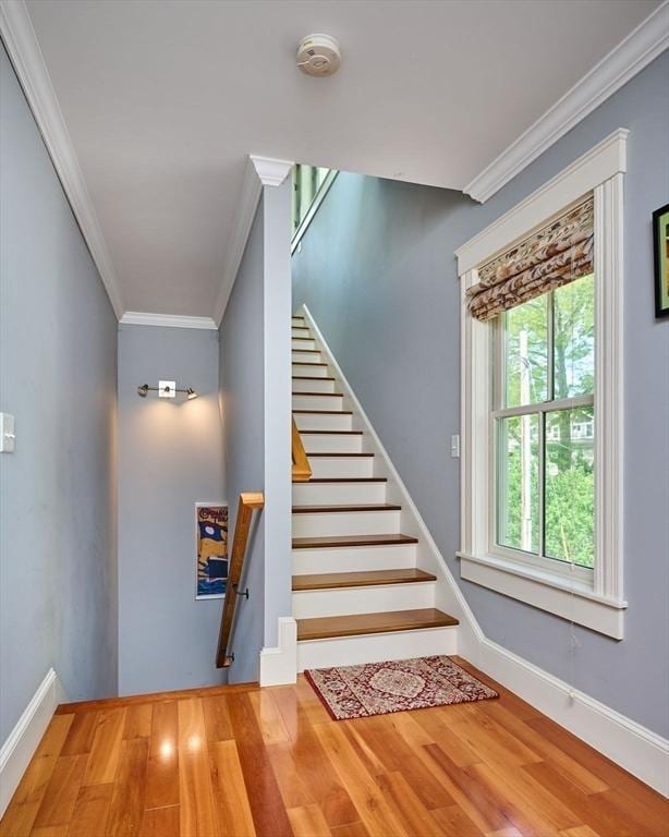 25 Union St Unit 2, Northampton, MA 01060 - stairs featuring ornamental molding, wood finished floors, and baseboards