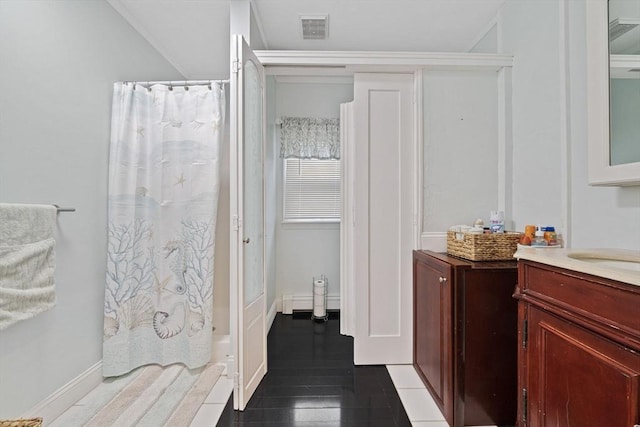 bathroom with vanity and a shower with shower curtain