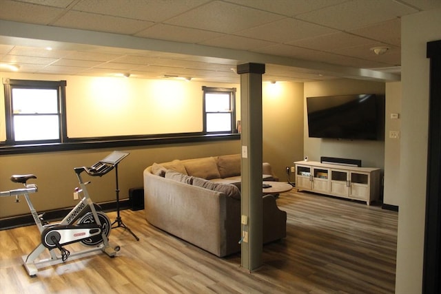 interior space featuring a drop ceiling and wood-type flooring