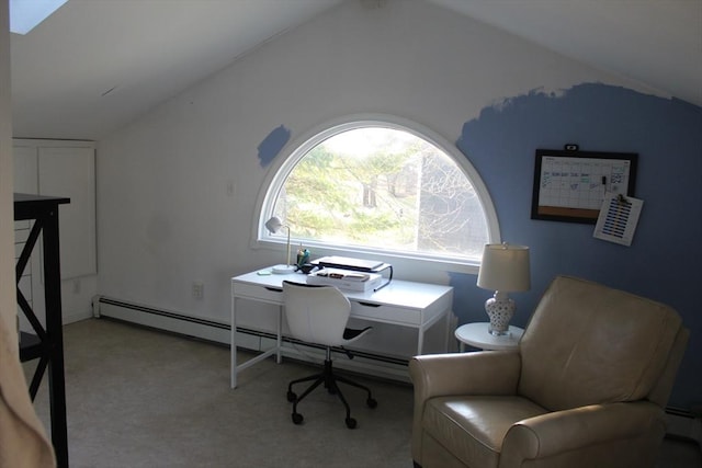 office space featuring light carpet, a baseboard radiator, and vaulted ceiling