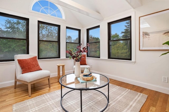 sitting room with baseboards, wood finished floors, and lofted ceiling