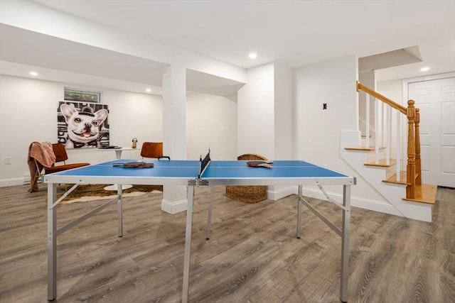 playroom with recessed lighting, baseboards, and wood finished floors