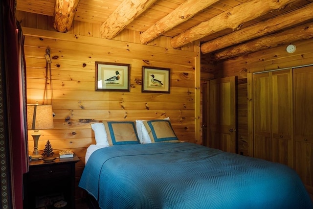 15 Stephanie Ln, Peru, MA 01235 - bedroom featuring wood ceiling with exposed beams and wooden walls