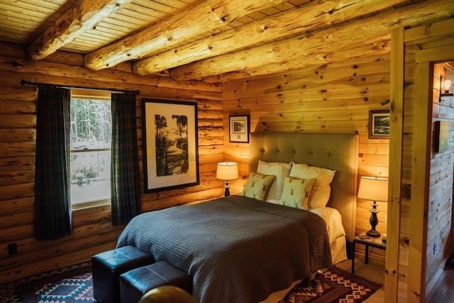 15 Stephanie Ln, Peru, MA 01235 - bedroom featuring log walls and wooden ceiling with exposed beams