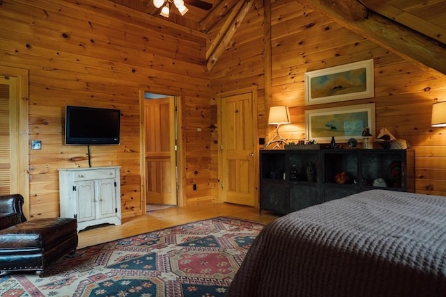 15 Stephanie Ln, Peru, MA 01235 - bedroom with wooden walls, wood finished floors, high vaulted ceiling, and wood ceiling with exposed beams