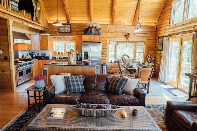15 Stephanie Ln, Peru, MA 01235 - living room featuring wood ceiling with exposed beams, high vaulted ceiling, log walls, and light wood-type flooring
