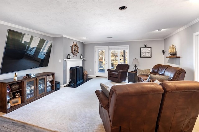 11 Fairway Dr Unit Oceanview, Plymouth, MA 02360 - carpeted living room with a fireplace with flush hearth, ornamental molding, and baseboards